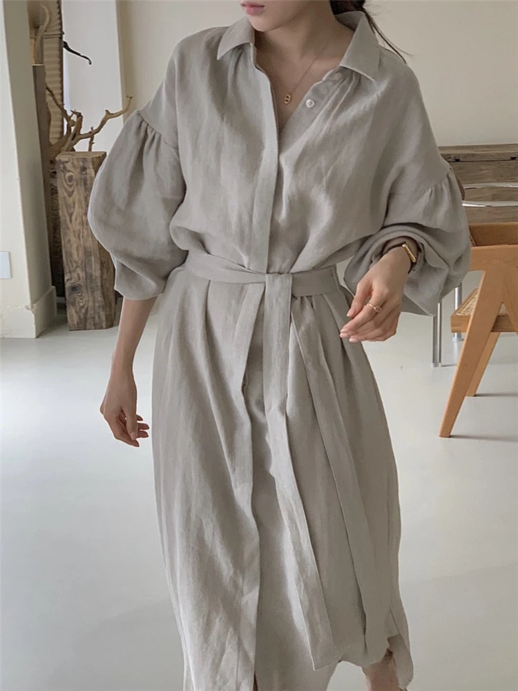 REALEFT 2024 New Vintage Women\'s Shirts Dresses Sashes Puff Sleeve Solid Casual Loose Straight Long Dresses Female Spring Autumn