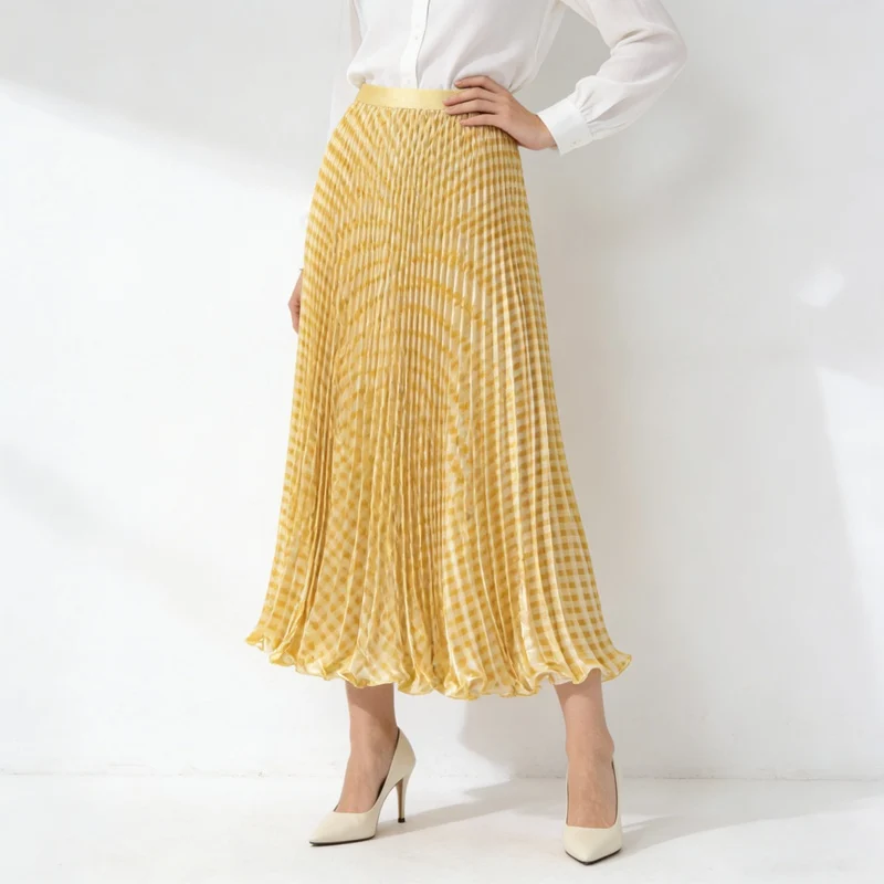 Summer Plaid Skirt Pleated Long Skirt Women Vintage Casual High Waisted A-line Work Dance Party Beach Skirt Ankle-Length