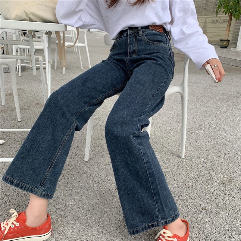 150 Petite girls jeans Autumn High waisted vintage straight leg pants show high eight xs small waist wide leg nine points 145