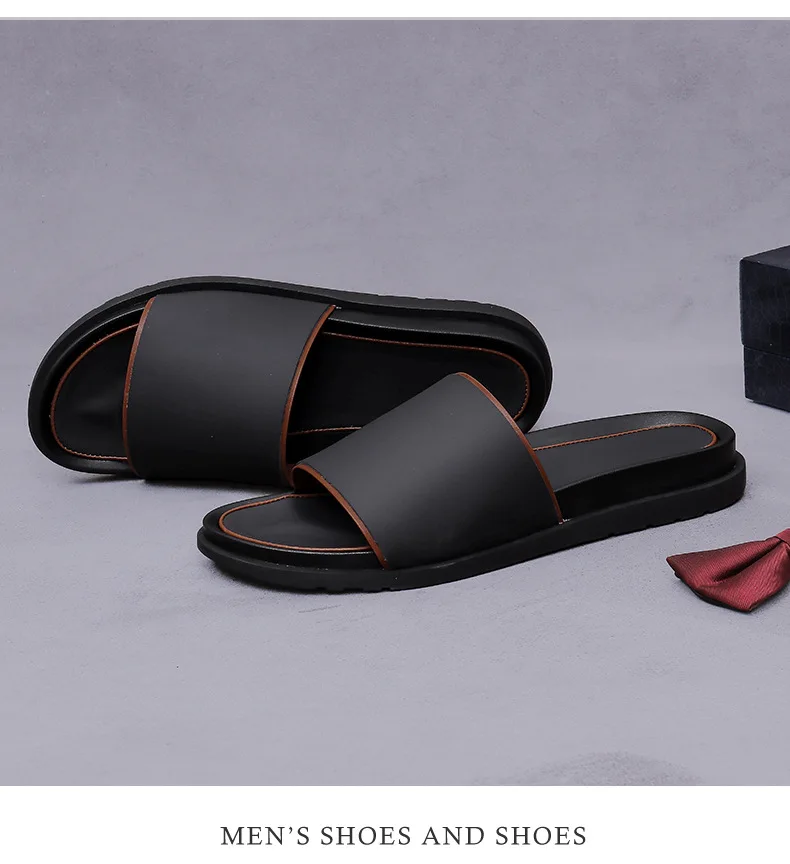 One Band Leather Slide Sandals Mefeaturing Breathable Genuine Leather Upper Non-Slip Rubber Sole Comfort In Summer Casual Beach