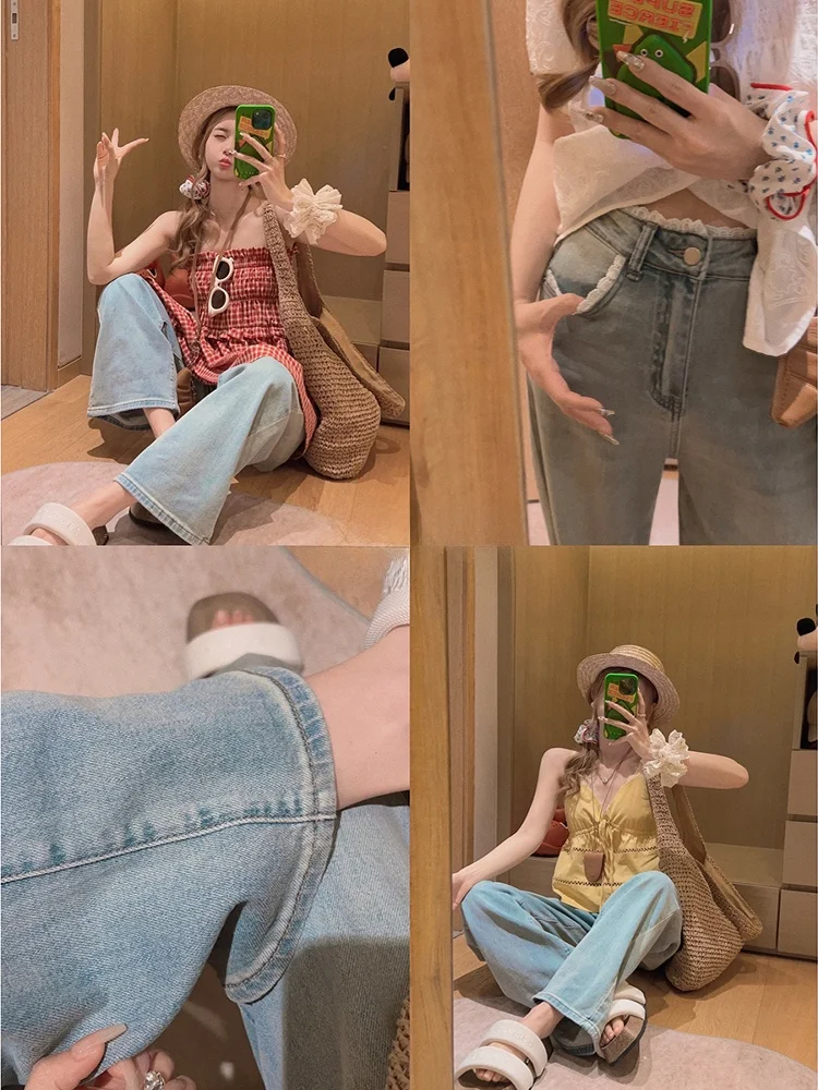 

Yukiss Lace Waist Head Thin Material Skinny Jeans High Waist Spring Summer Denim Blue Women's Premium Fashion Clothing