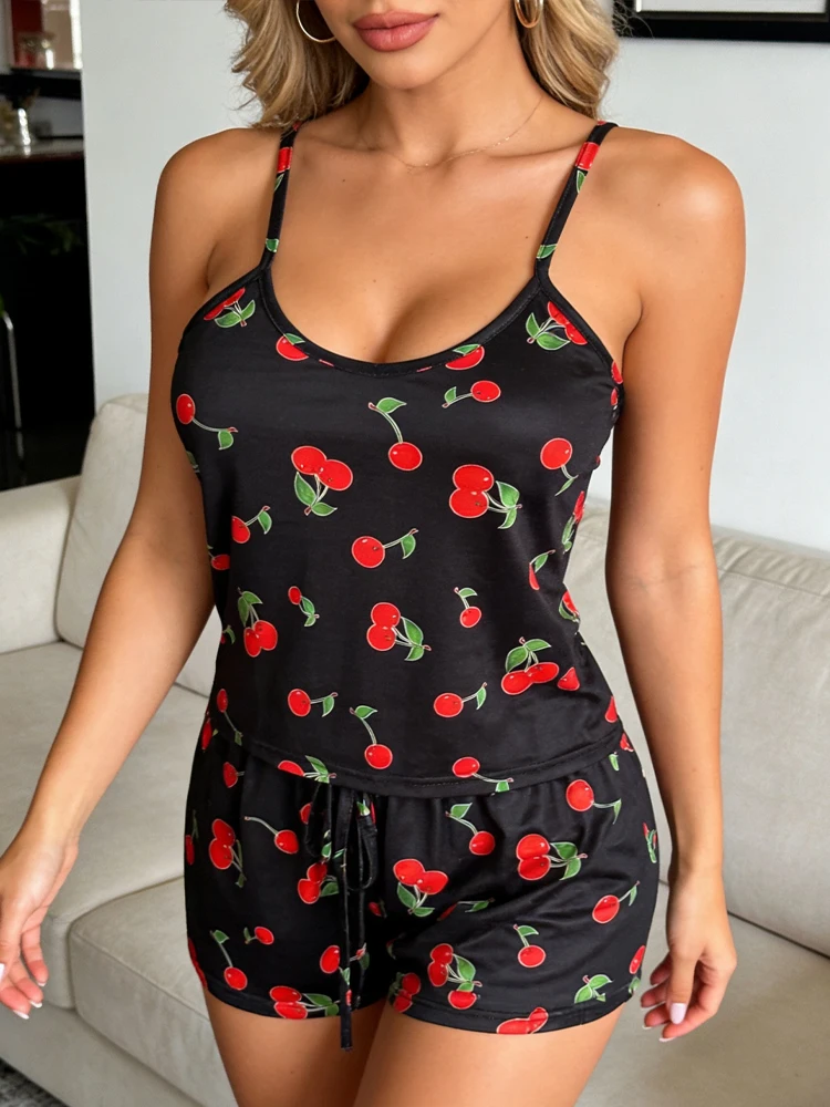 Pakaian Tidur Motif Bunga Elegan Musim Panas Rompi dan Celana Pendek Ultra-tipis Seksi Wanita Pakaian Santai Nyaman Pakaian Tidur Bernapas Pakaian Rumah