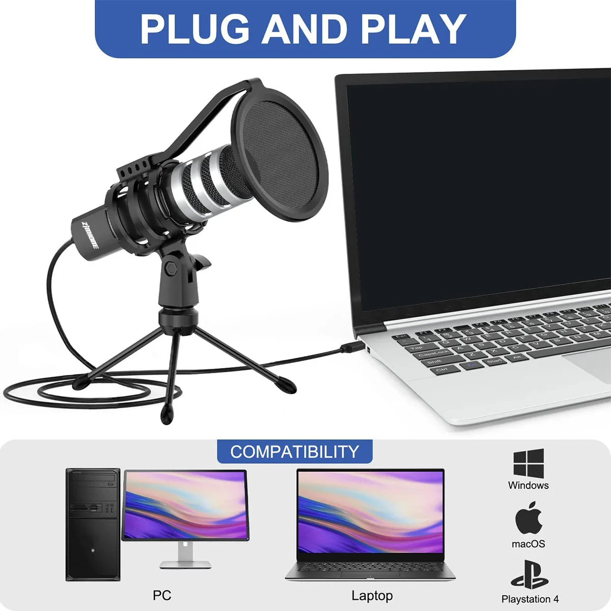 Professional Wired Podcast Recording Condenser Studio USB Computer Microphone with Shock Mount Tripod Stand