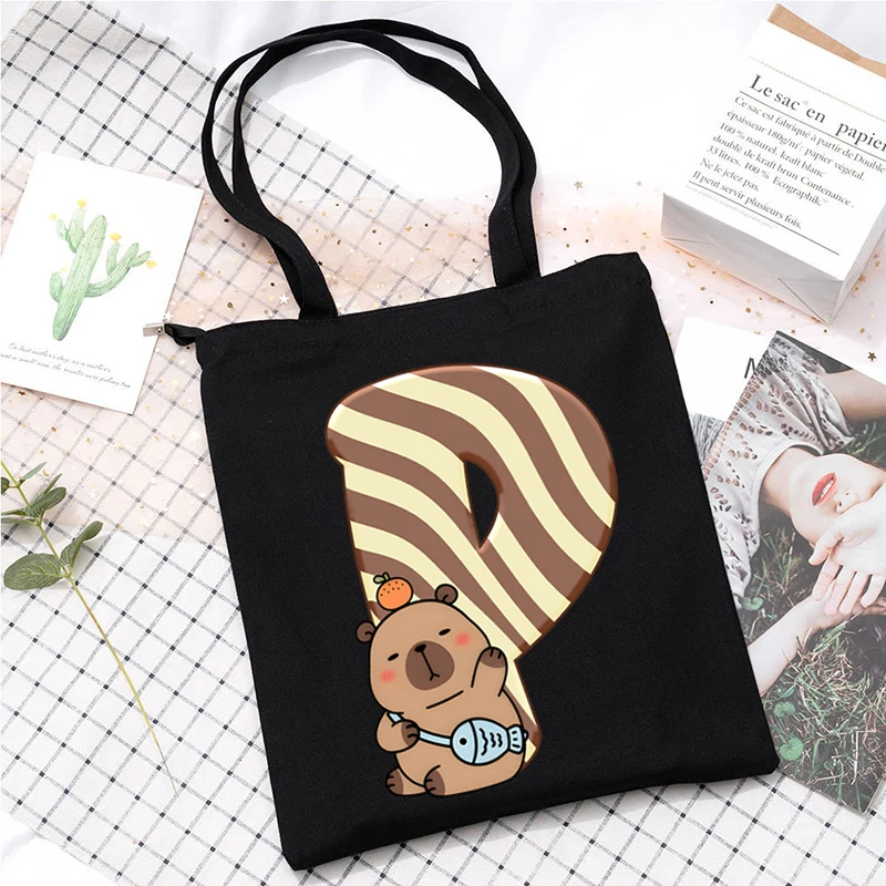 

Capybara Cookie Alphabet Pattern Canvas Shoulder Bag Students Children Folding Storage Bags Capybaras A-Z 26 Alphabet Handbags