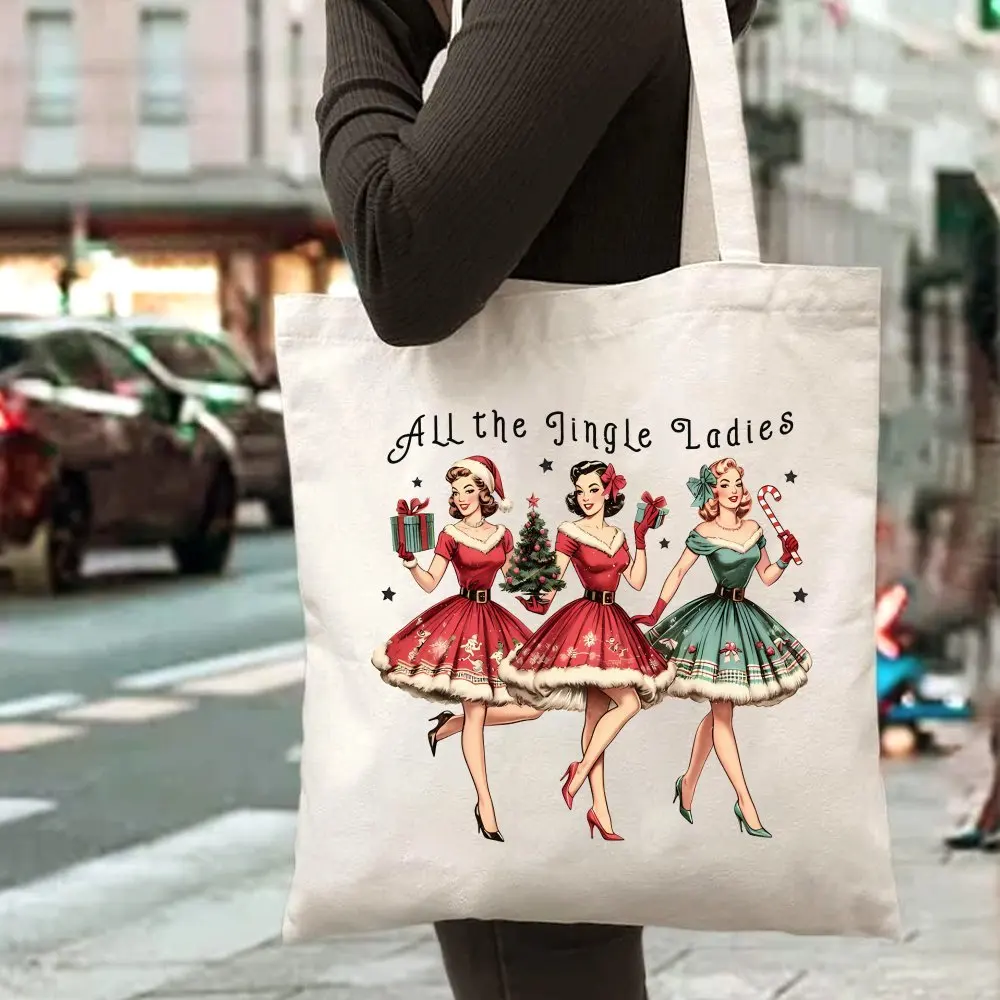 1pc, Vintage Christmas Women'S Printed Canvas Tote Bag - Large Capacity Uncovered Handbag Suitable for Outdoor, Gifts, Parties,
