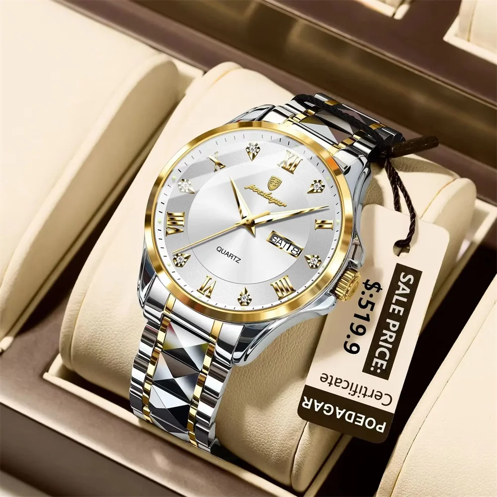 

POEDAGAR Business Man Wristwatch Waterproof Luminous Date Week Men Clock Stainless Steel Fashion Quartz Men's Watches Male Reloj
