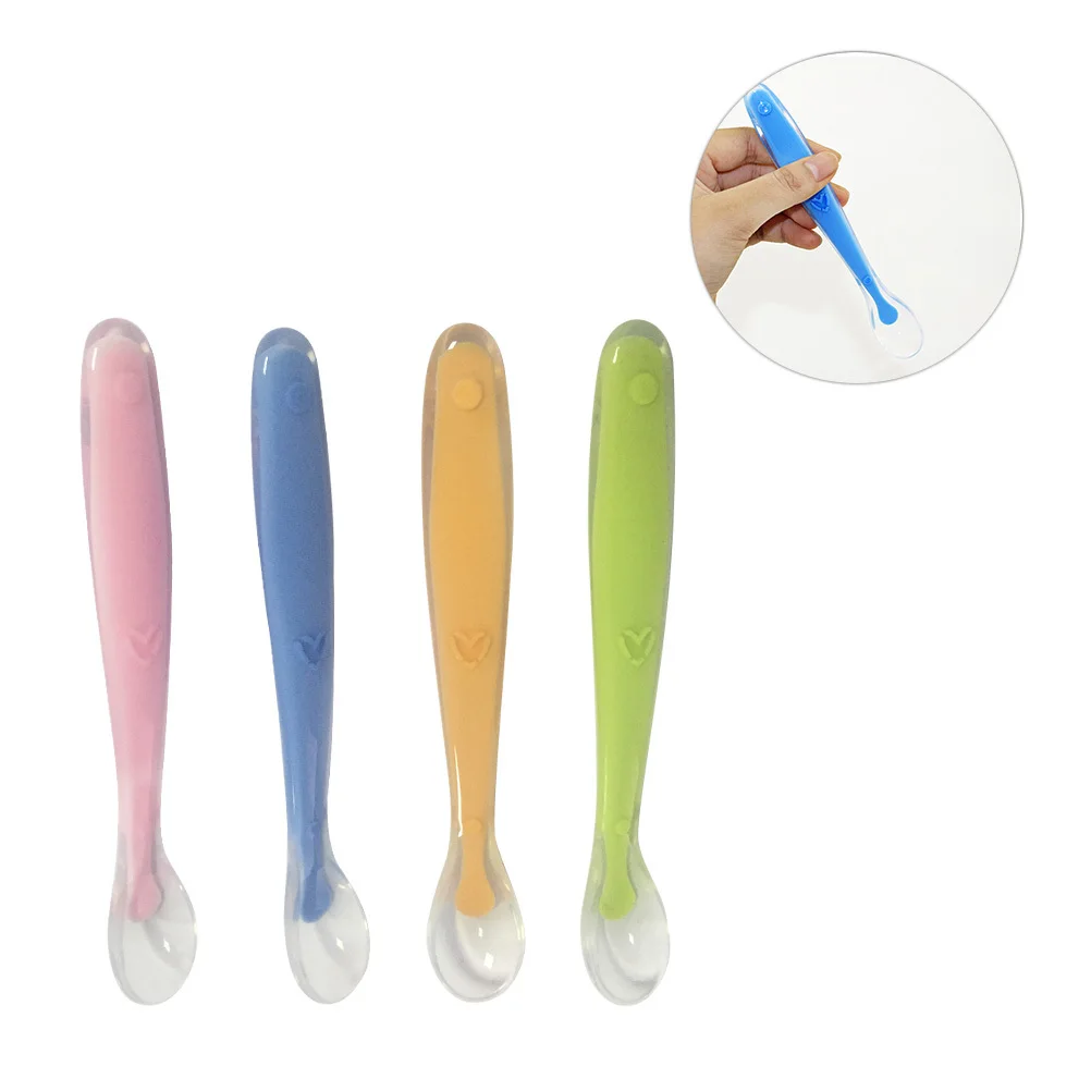 

4Pcs Eco Friendly Baby Spoon Pink Green Soft Head Safe Feeding Set Infant Tableware Shallow Design