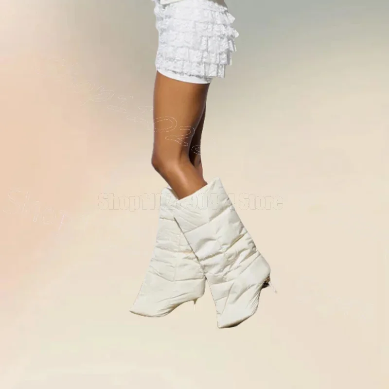 White Down Feather Design Large Cuff Boots Slip On Women Shoes Thin High Heels Pointed Toe Party Feast 2024 Zapatos Para Mujere