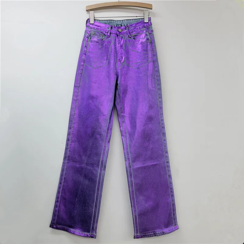 DEAT Women's Jeans High Waist Shiny Purple Coated Striped Straight Wide Leg Loose Denim Pants 2025 New Fashion Spring 29L9232