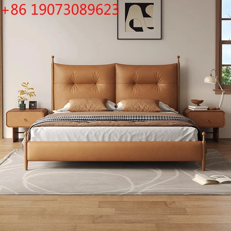 

American retro leather double bed solid wood first layer cowhide bed soft bag medium and antique bed