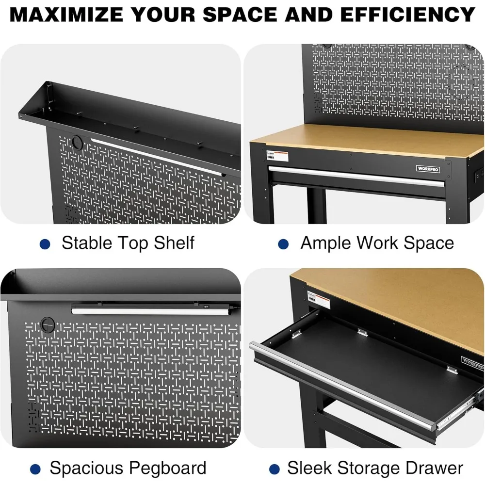 โต๊ะทํางานพร้อมที่เก็บของ, โต๊ะทํางาน 45 นิ้วพร้อม Pegboard, ปลั๊กไฟและไฟ, ม้านั่งทํางานอเนกประสงค์ 800 LBS สําหรับโรงรถ