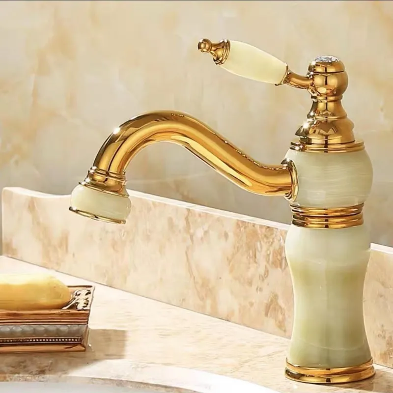 Wash-basin Faucets Brown/Gold Brass 360 Rotate Waterfall With Jade Bathroom Tap Crane Sink Cold Hot Water Mixing Taps Torneiras