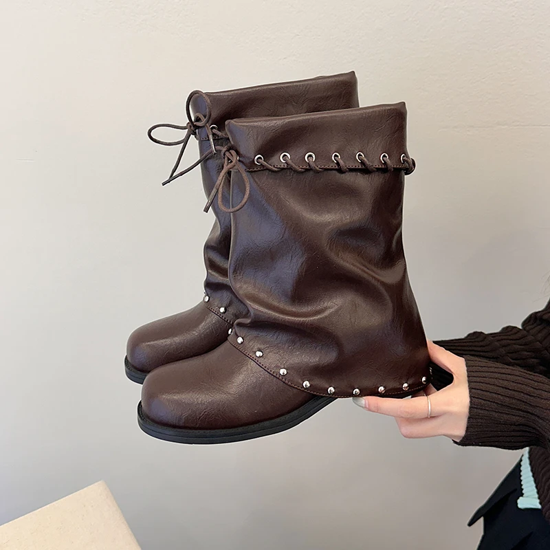 French Kitten Heel Shoes Women 2026 New Rivet Western Boots Pant Tube Boots