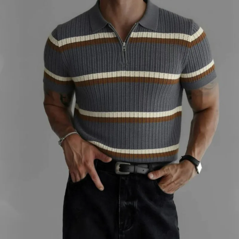 WVGA Summer New Men Korean Style Hollowed Out Ice Silk Turn-down Collar Knitted Short Sleeve Shirt Stripes Ncihe Chic Top W24239