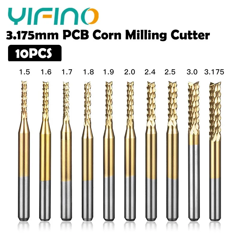 YIFINO 10PCS 3.175mm Straight Shank Corn Milling Cutter CNC Tools PCB Circuit Board Special Roughing Skin Micro Milling Cutters