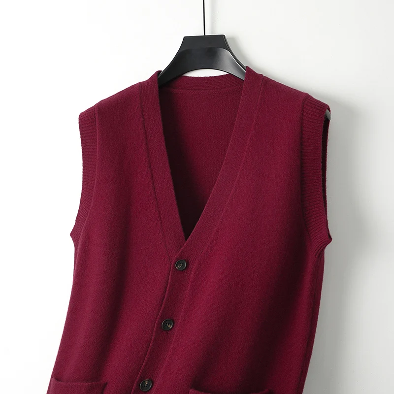 

New Autumn And Winter 100% Pure Wool Men's V-neck Sleeveless Cardigan Solid Color Knitted Vest Cashmere Waistcoat