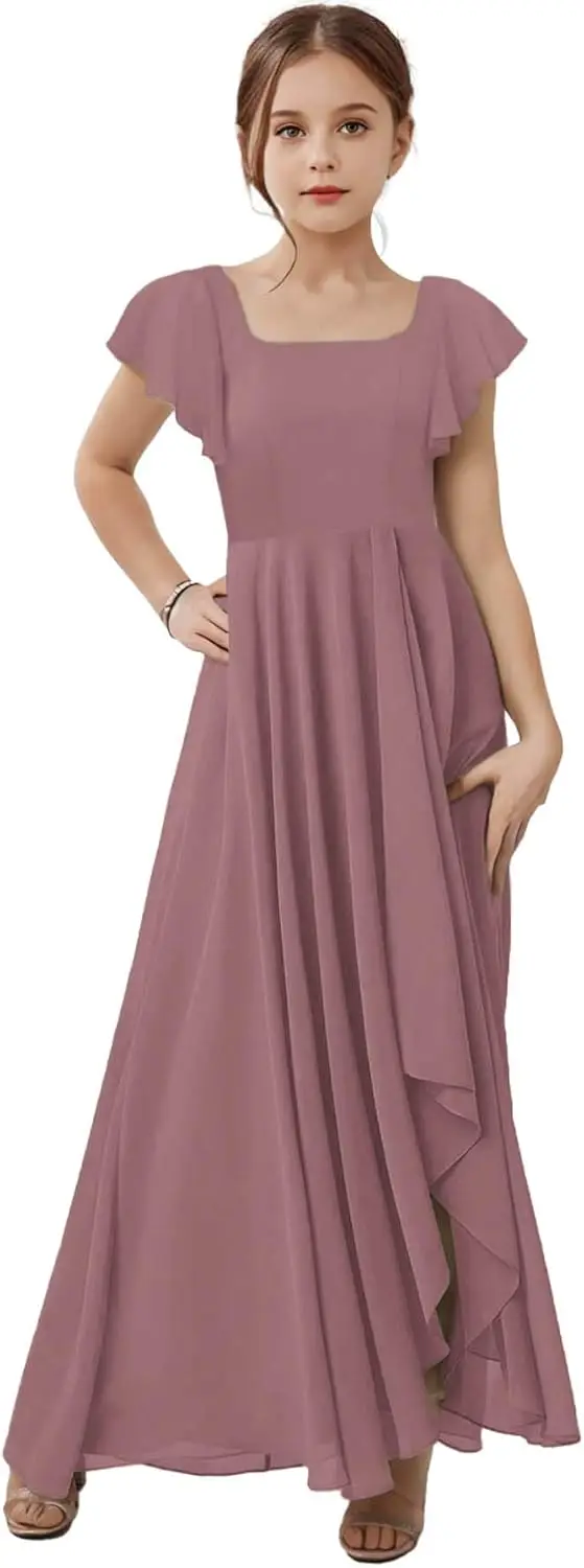 주니어 신부 들러리 A라인 드레스 슬릿 짧은 소매 스퀘어 넥 시폰 플라워 걸 파티 드레스 소녀용