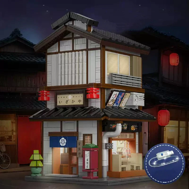 Conjuntos de edifícios da loja japonesa izakaya, kit de modelo de blocos de tijolos de montagem de arquitetura de casa city street view, brinquedos presente para crianças 1195 peças