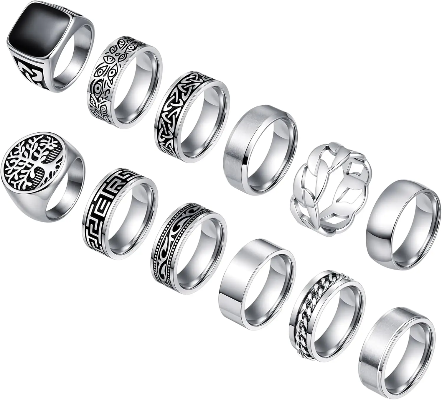Juego de 12 anillos de sello vintage de acero inoxidable para hombre, cuadrados, para dedo anular o pulgar, de banda gruesa y delgada, anillos de boda, anillos de motero vintage