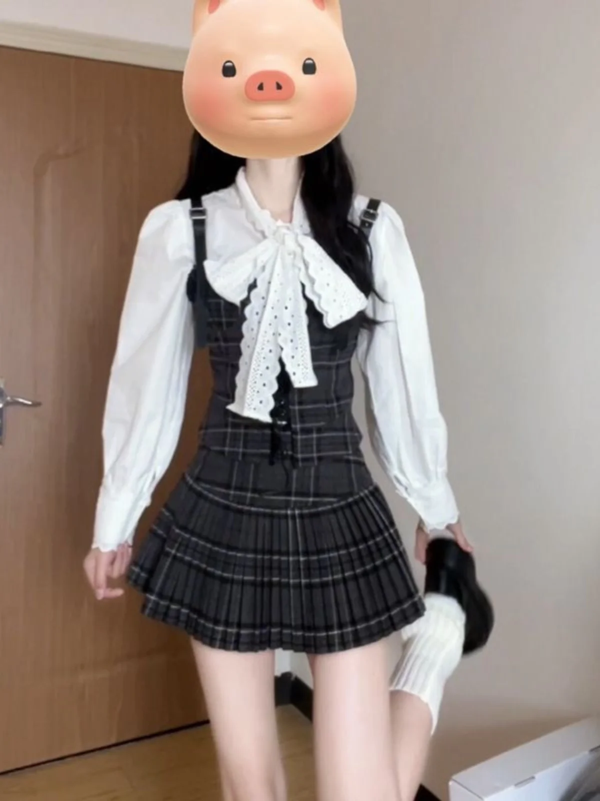 

Spring Autumn Plaid Bubble Sve irt Skirt Set Women's College Sle Faion Tee Piece Suit Long Sve Zipper Polyester