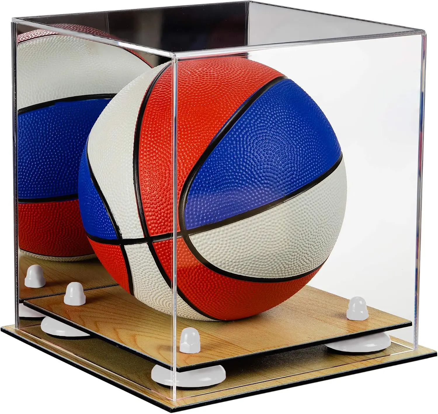 Acrylic Mini - Miniature (not Full Size) Basketball Display Case with Mirror Case, White Risers and Wood Base (B03/A015)