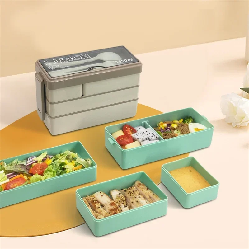 JUSTINLAU 3 Layers Compartment Bento Box Lunch Box For Students Lunch Box With Fork Spoon Microwave Safe Food Storage Containers