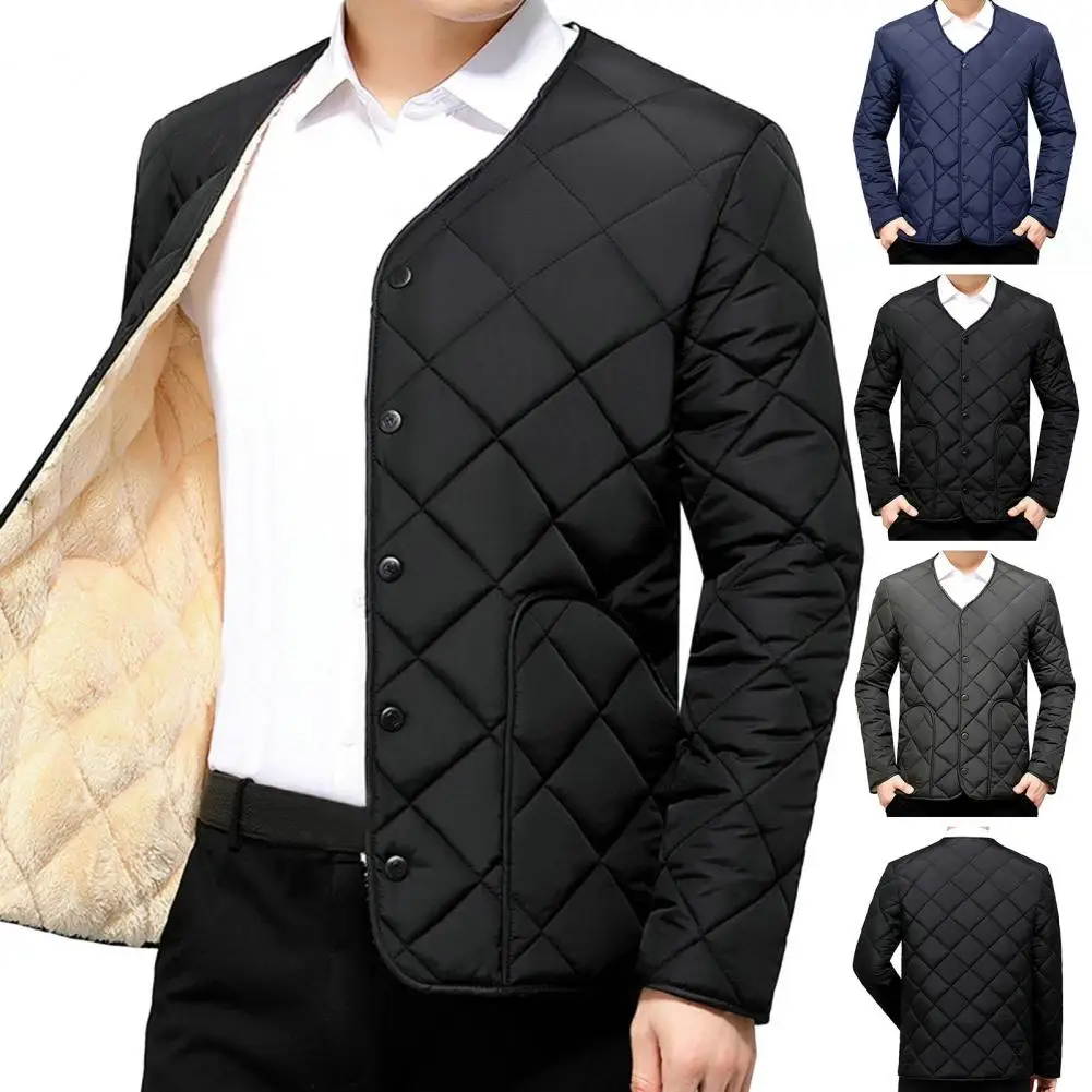 Men Winter Solid Color Down Padded Jacket Long Sleeve Pockets Single Breasted Fleece Lining Male Casual Outerwear Snow Waistcoat