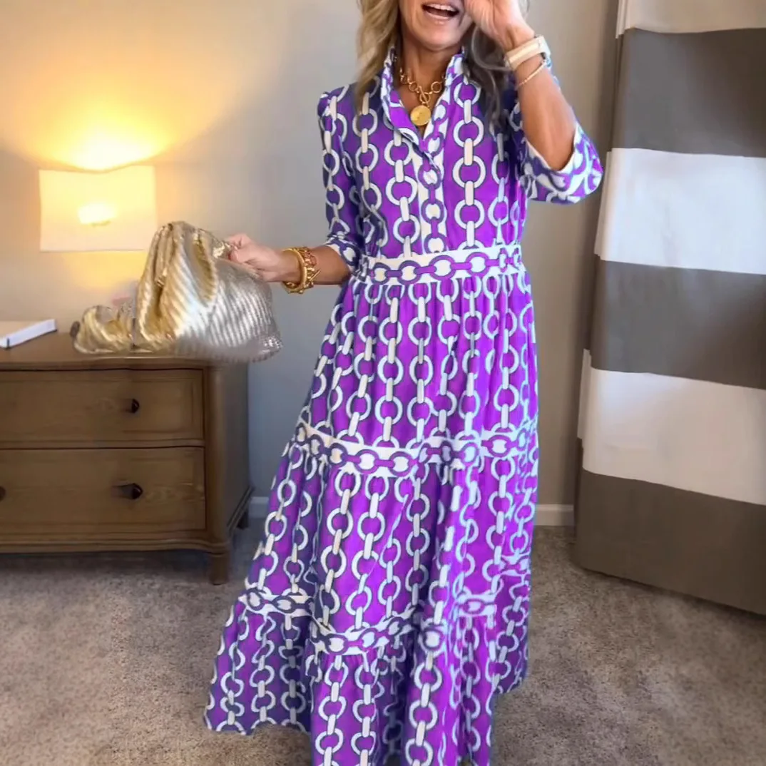 تنورة طويلة مطبوعة هندسية Dr Ele مستديرة Ne عبر الحدود لربيع وصيف ميدي Dr محبوكة من نسيج البوليستر على شكل حرف a #4