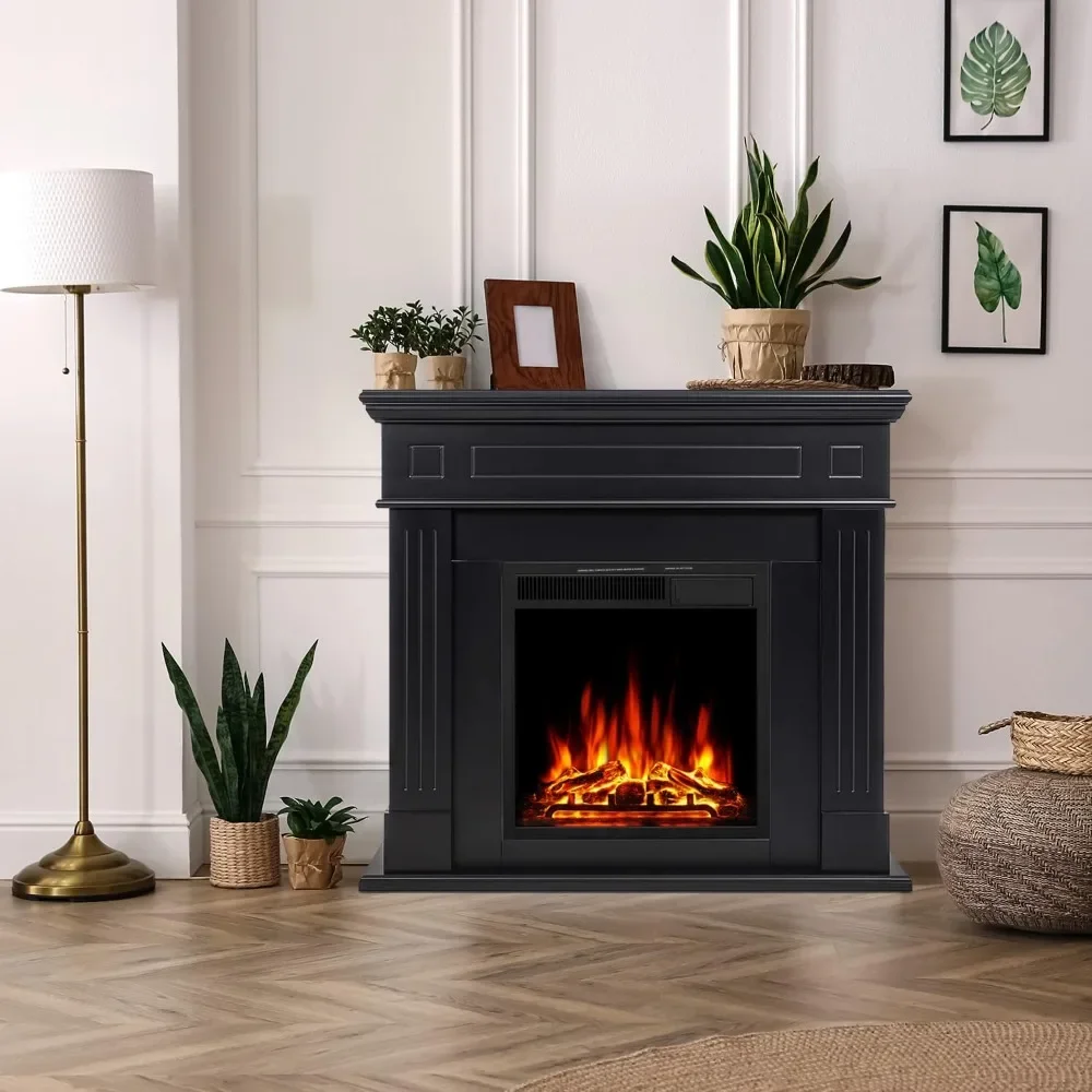 43” Electric Fireplace Mantel Wooden Surround Firebox, TV Stand with Freestanding Electric Fireplace, Remote Control