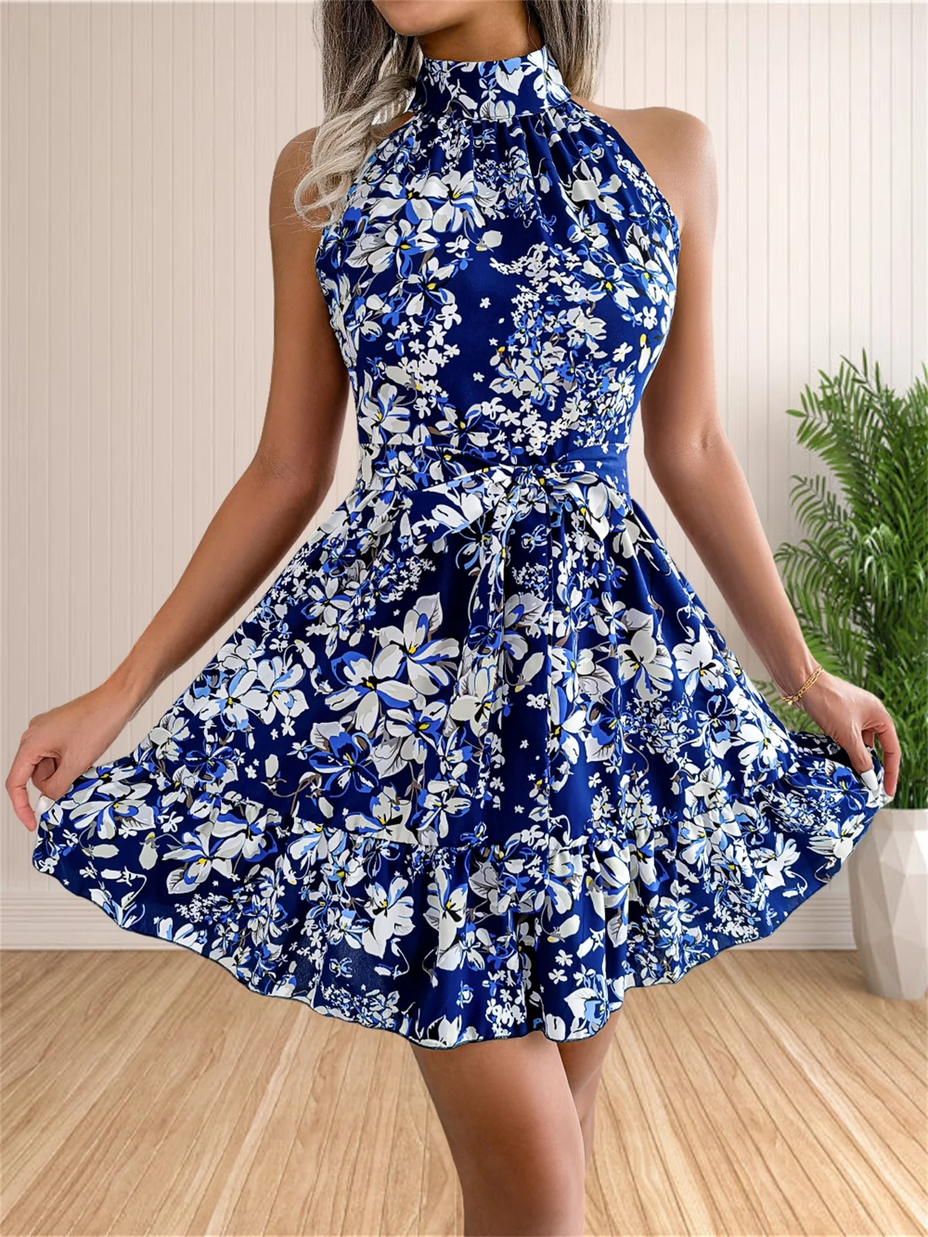 Abito estivo da donna 2024 Halter Casual senza maniche abiti da spiaggia Boho Sundress Ruffle Belted Midi Dress