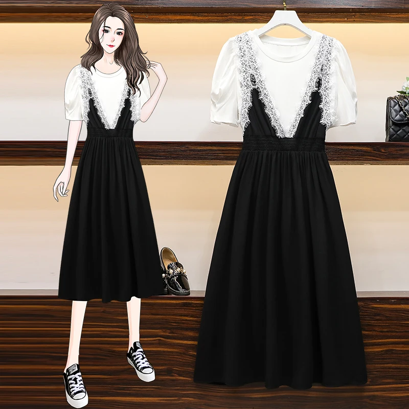 Women Summer Dress Suit Cotton White T Shirt Top And Lace Sundress Two Piece Set Matching Outfit Fashion Clothes Female Plus