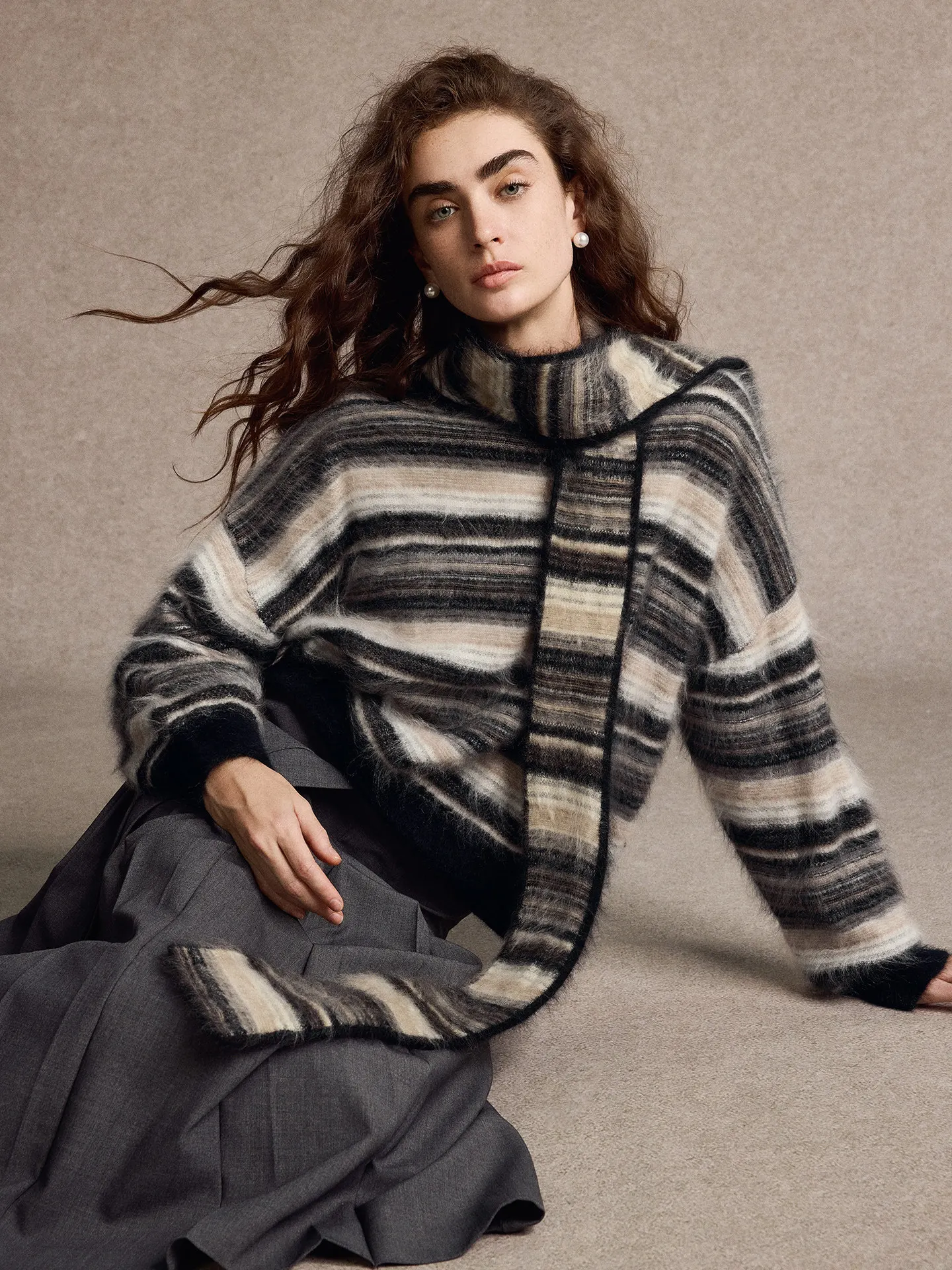 

Свитер-шарф Fengjia Heavy Industry Capsule Fair Isle из 100% кашемира с полосками, 2 цвета, повседневный, свободный крой, длинный рукав, круглый вырез...