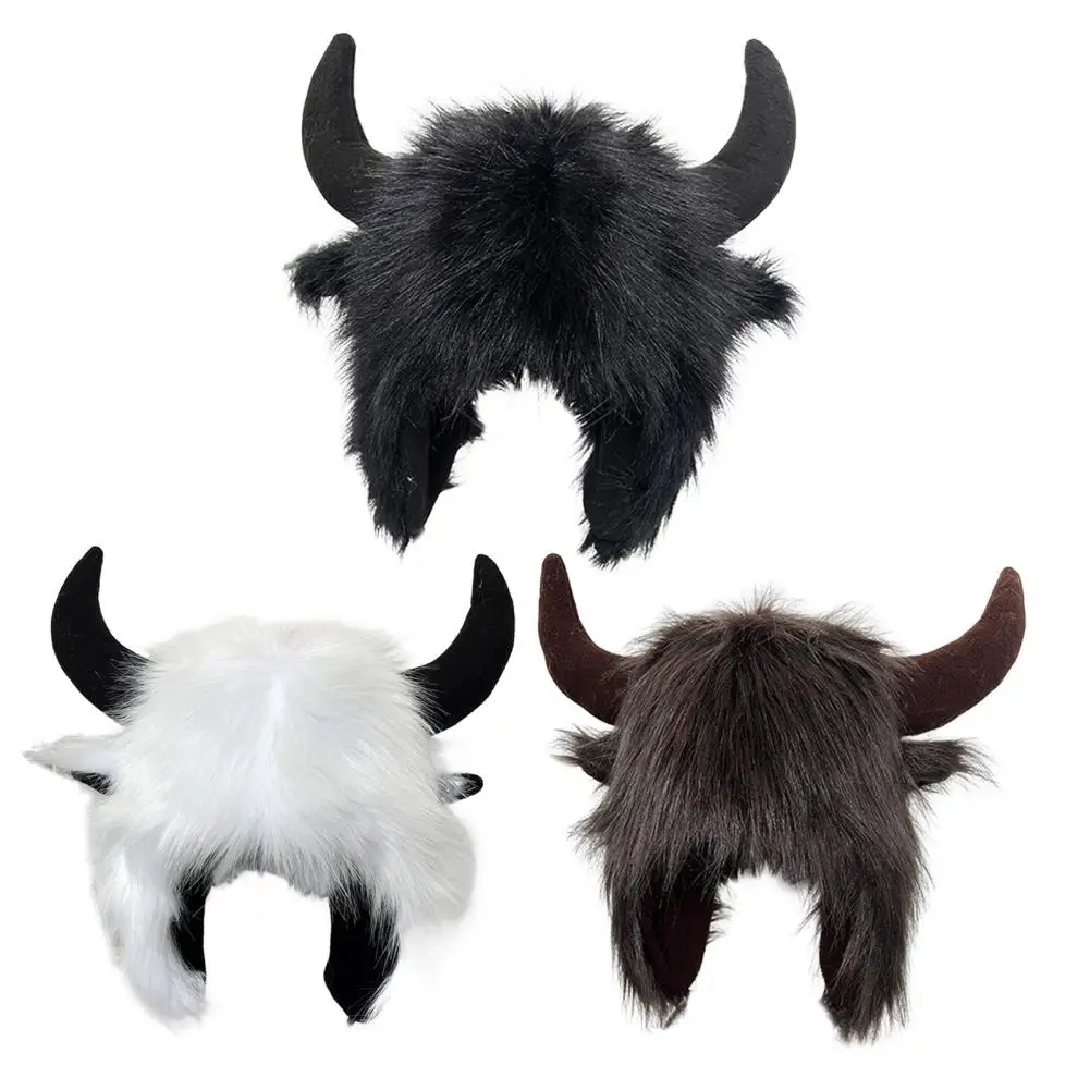 Unisex Winter Funny Hat Fake Cow Horn Decor Thick Warm Faux Fur Ear Windproof Fluffy Photo Prop Women Men Cap