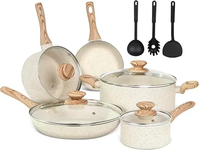 12Pcs Pots and Pans Set, Nonstick Cookware Sets, Granite Induction Cookware Non Stick Cooking Set w/Frying Pans- White