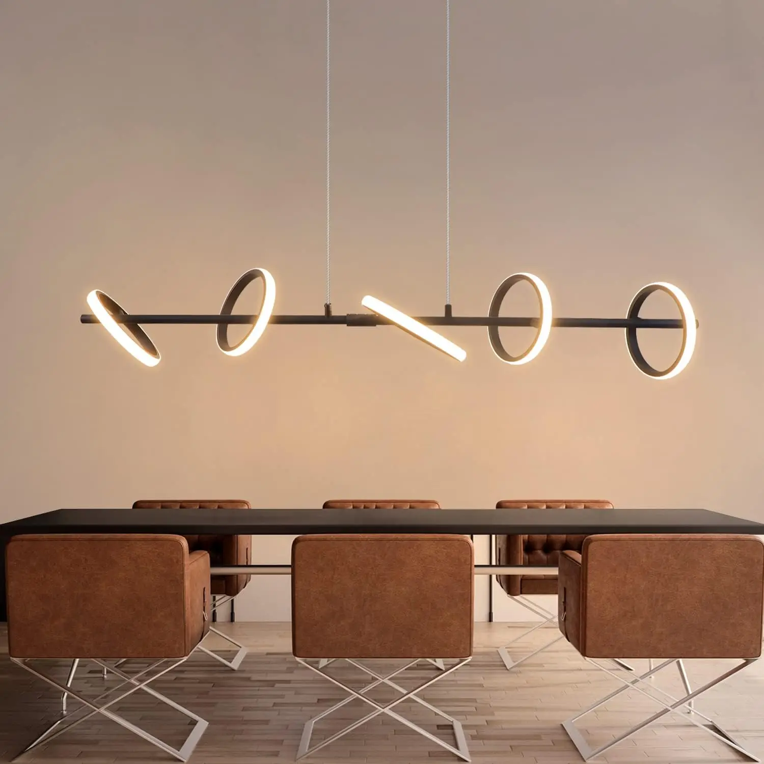 Modern Pendelleuchte Esstisch Hängeleuchte LED - Höhenverstellbar Schwarz Pendellampe 31W Drehbaren Abnehmbar Ringen für Wohnzimmer Essizimmer Warmweiß 3000K