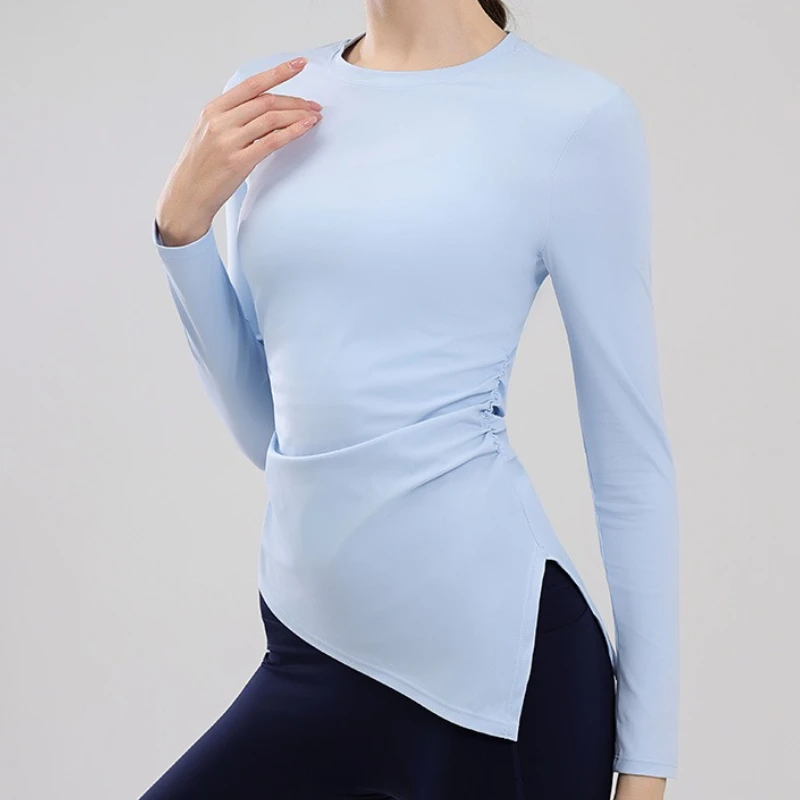 

Tight Slimming Long Sleeve Yoga Shirts Bevel Hem Waist Wrinkling Gym Sports Tops Quick Dry Running Cycling Workout T-Shirts