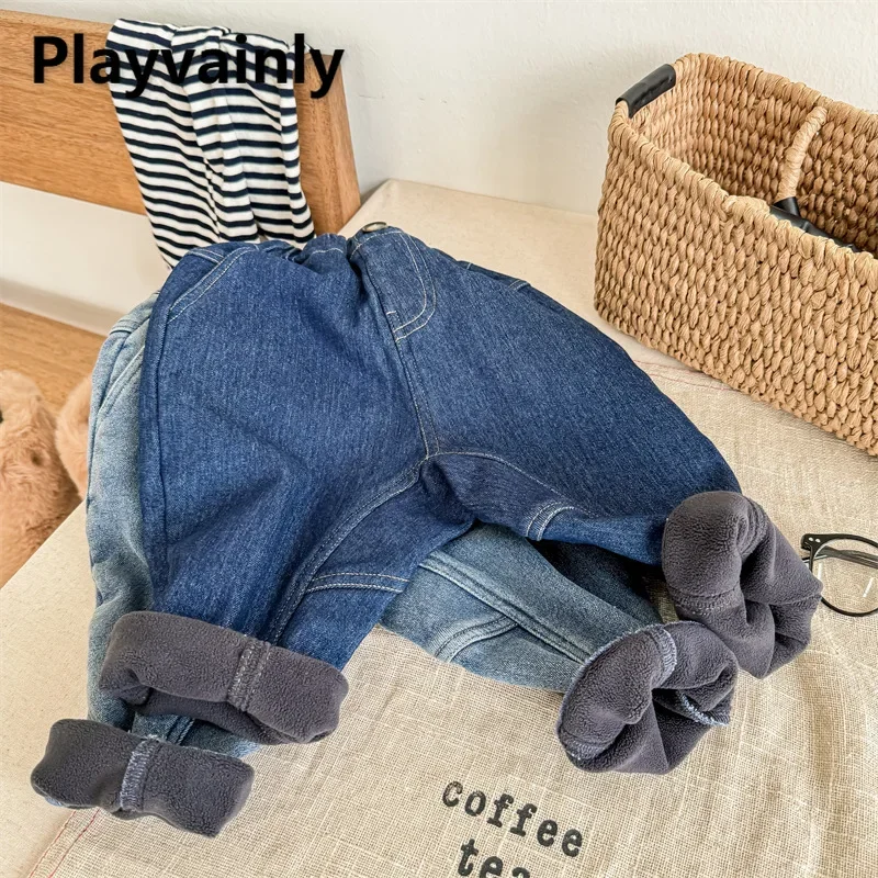 Korean Style Winter Thickened Children Jeans Elastic Waist Blue Denim Harem Pant Fashion Boys Girls Lined Fleece Trousers A23636