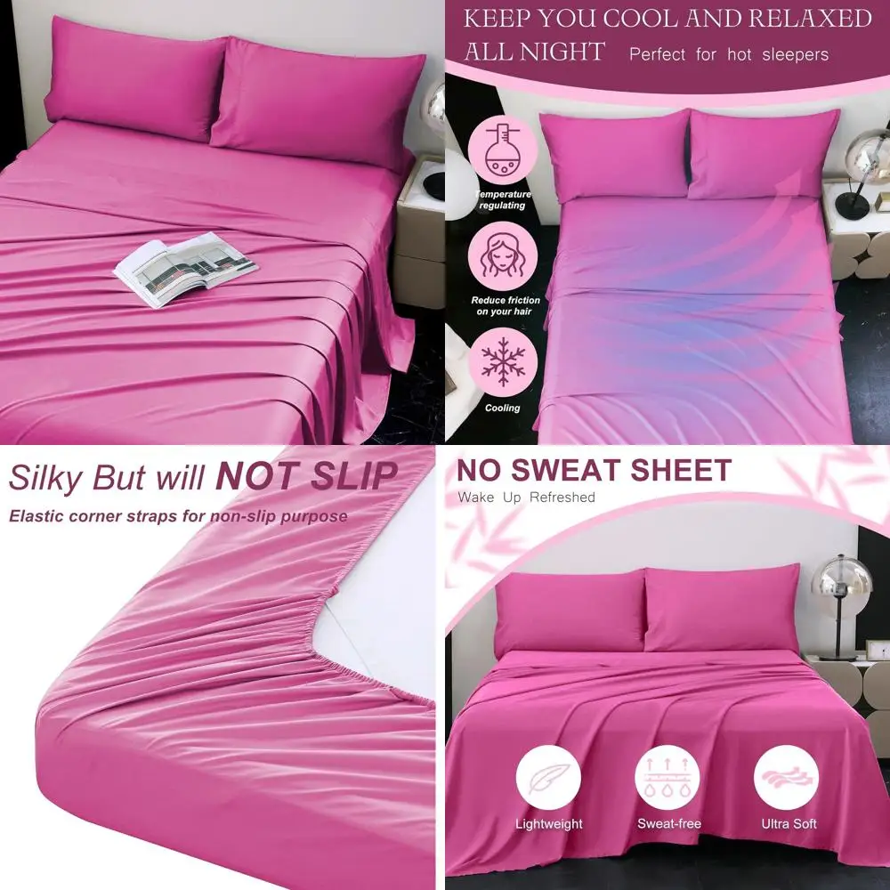 

Bamboo Viscose Elastic Strap Queen Sheets, Hot Pink Cool Slinky Set for Hot Sleepers