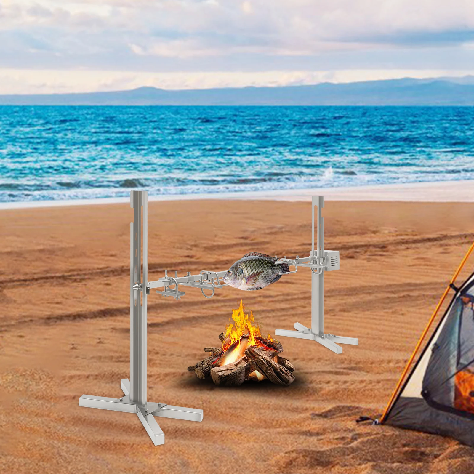 Electric Stainless Steel Rotisserie Grill 360-degree Rotation Design Adjustable Height for Outdoor Cooking