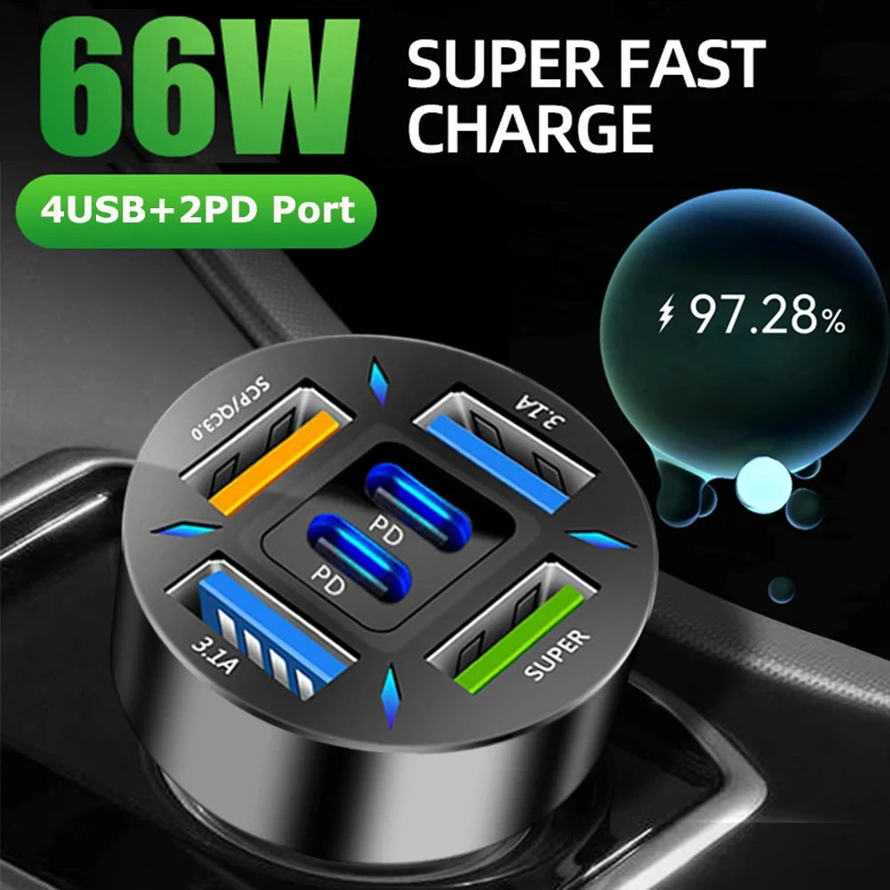 

6 USB-Ports 66W USB Car Lighter Charger Adapter 2PD 4USB QC3.0 For Mobile Phones Power Banks Dash Cams 12-24V Portable Led Light