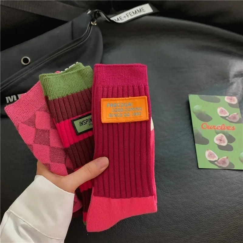 Women Double Needle Mid‑Calf Socks Plaid Rhombus Stripe Color Block Stackable INS Trendy Rose Red