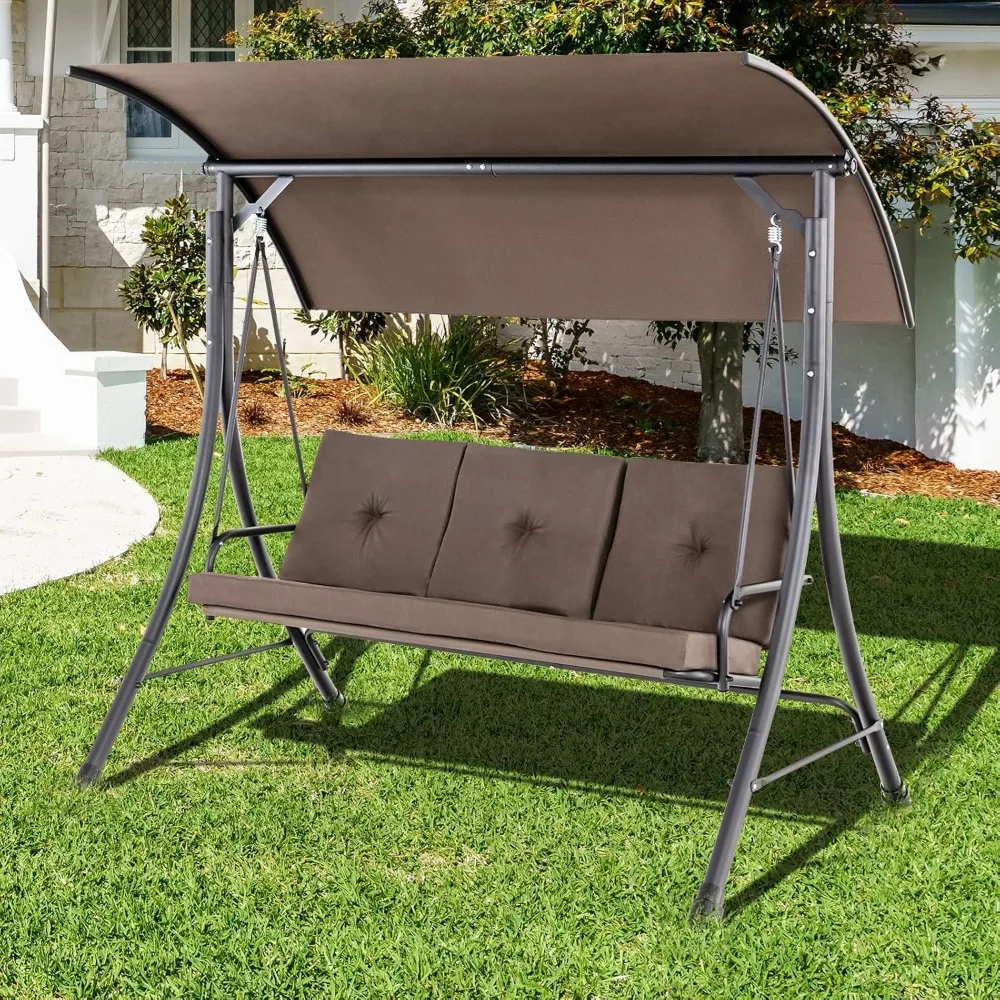 3 Person Porch Swing, Outdoor Swing with Removable Cushions, Solid Steel Structure,Patio Swing with Adjustable Canopy for Garden