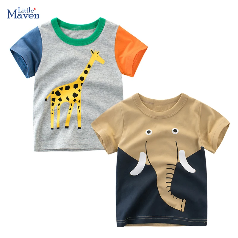 Little maven Summer Baby Boys Toddlers Children\'s Clothing Birthday Gifts Animal Elephant Giraffe T shirts Kids Clothes Cotton