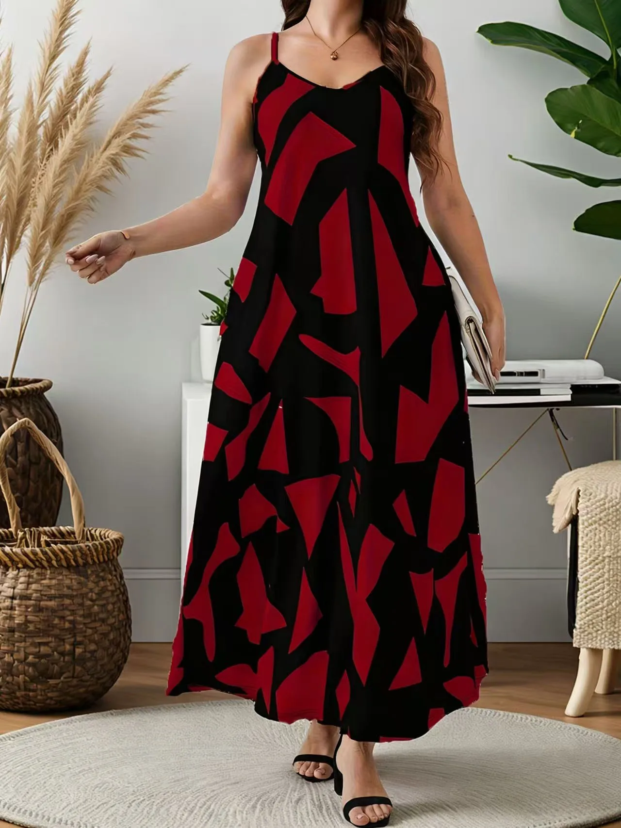 فستان نسائي أنيق بطباعة هندسية مقاس كبير، مزيج بوليستر مرن، قابل للغسل في الغسالة - أنيق كاجوال باللونين الأبيض والأسود، فستان أنيق مقاس كبير #4