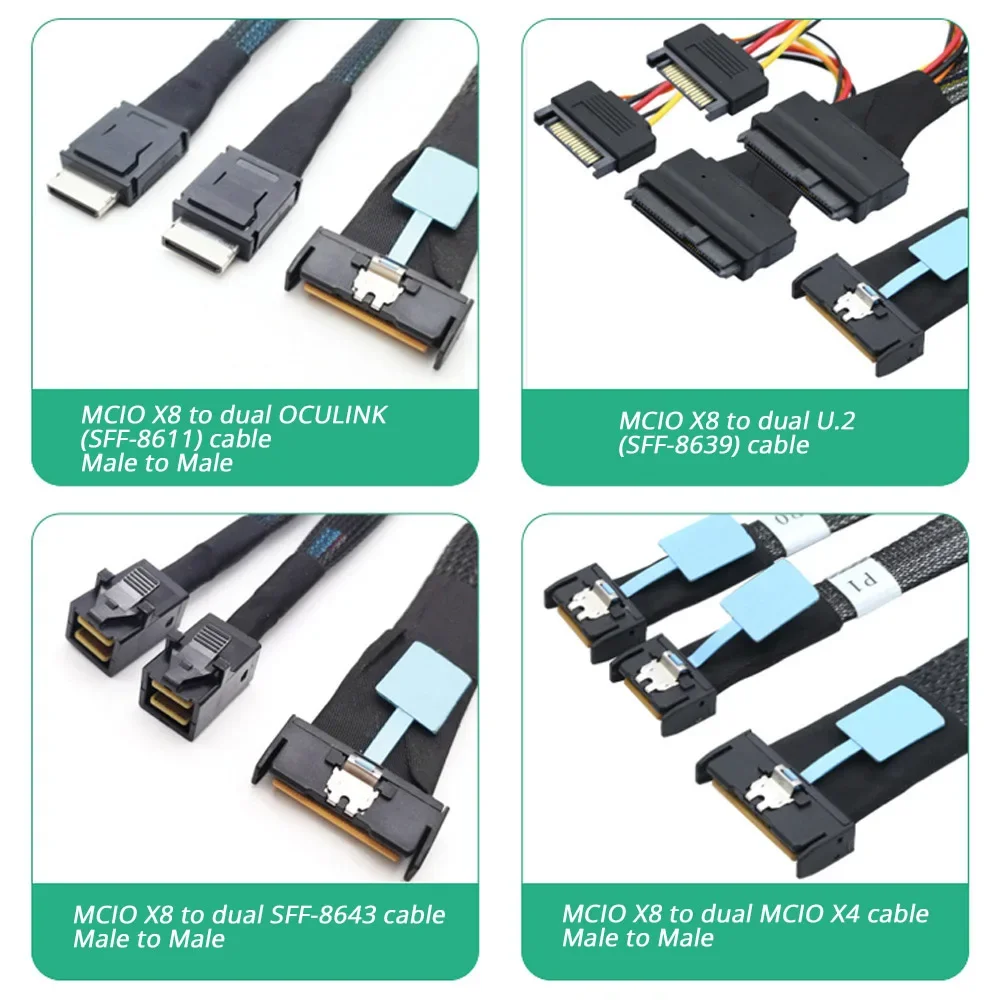 For PC Gen5 MCIO X8 To Dual MCIO X4 Server Cable Customizable Gen5 MClo X8 Adapter Cable SFF-8654 8643 8639 Oculink SATA3.0 U.2