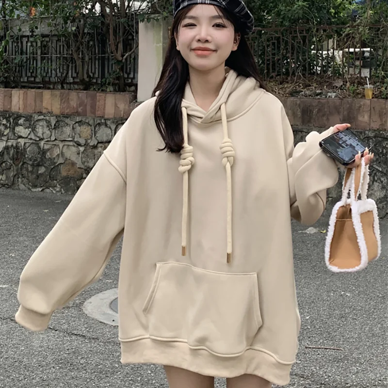 2024 Hoodie Women's Autumn And Winter New Item Retro Hooded Thick Loose Mid Length Jacket Top