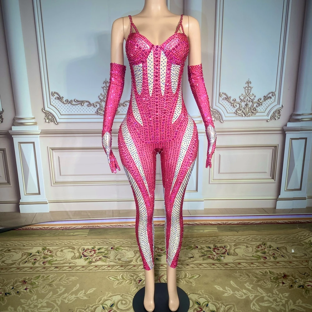 

Luxurious Full Rhinestones Jumpsuit Gloves Set Sexy Tight Birthday Prom Party Outfit Dancer Show Rompers Performance Stage Wear