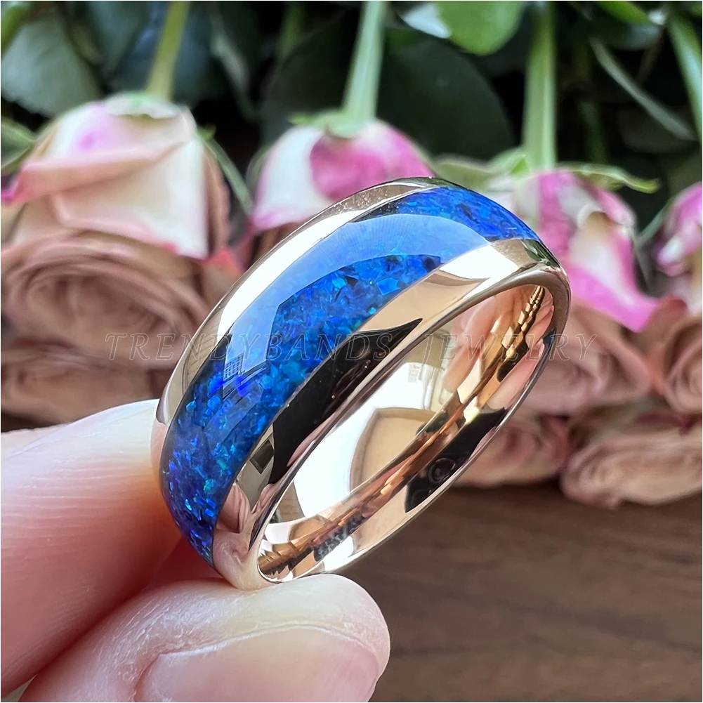 6 mm 8 mm Ringe für Männer und Frauen, Wolfram-Ehering, Modeschmuck, blaue Opal-Inlay, gewölbt, poliert, glänzend, bequeme Passform – Detail 8