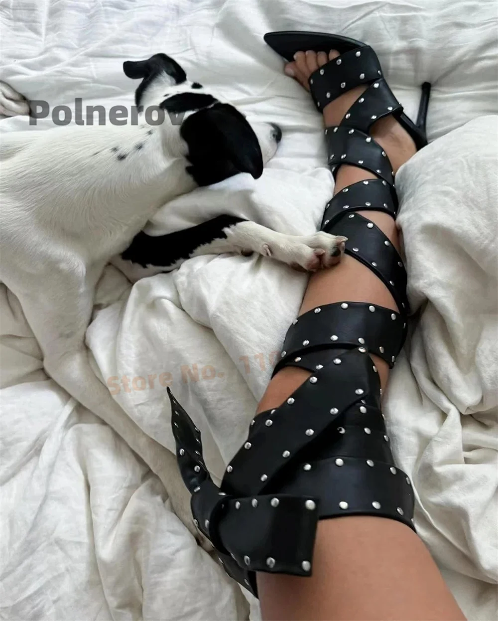 Women's Black Cross Straps Long Sandals Clip Toe Trendy Rivets Strap Pointed Toe Wrapped-Around High Heels Runway Summer Shoes
