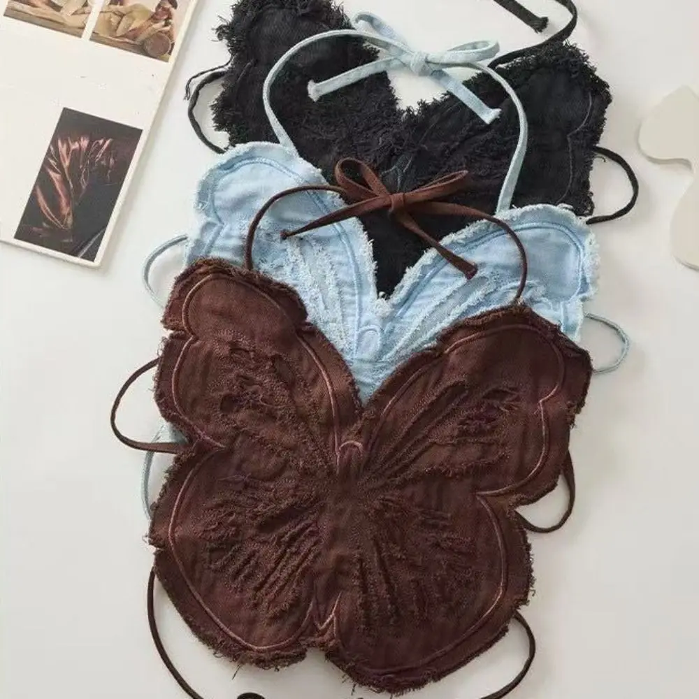 Camisola de mariposa sin mangas de estilo coreano para chica picante, Top con cordones y cuello Halter, chaleco con tirantes con personalidad para mujer
